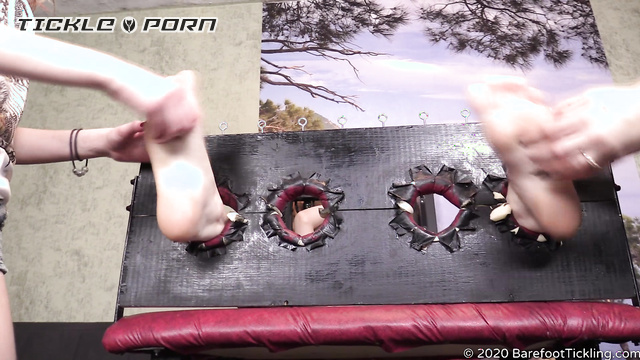 Barefoot Tickling – 18-year-old Lyana and Victoria tickle Elia’s soles and naked body on the BDSM bench (Part 1 of 4)